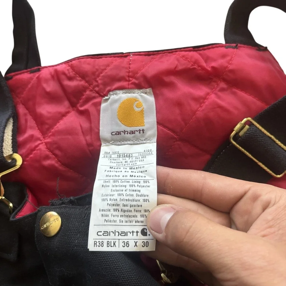 Carhartt Bib Overalls Mens 36x30 Black R38 Duck Insulated Quilt Lined Workwear